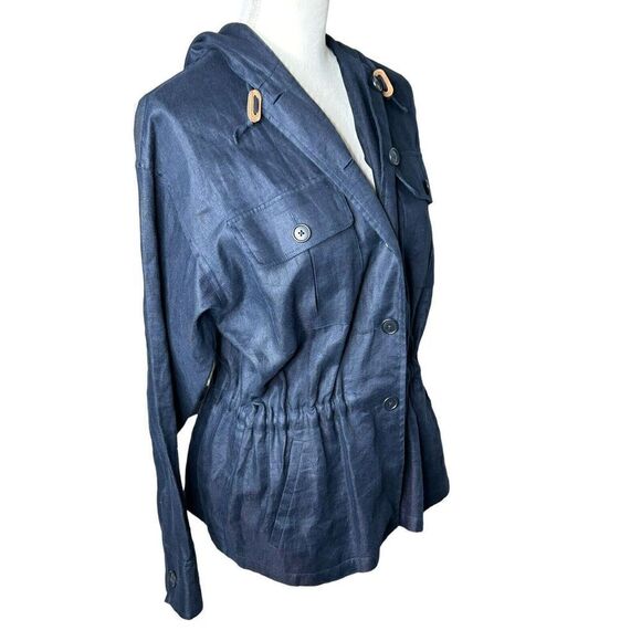 Lauren Ralph Lauren Women’s Blue 100% Linen Cinched Waist Hooded Jacket Sz M - Picture 2 of 7